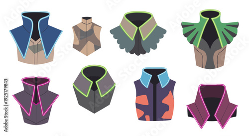 Eight abstract fashion collars in geometric shapes feature neon outlines and bold color blocking on a clean white background.