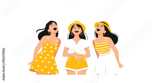 Three young women with dark hair wear yellow and white summer outfits and hats, laughing together with open mouths.