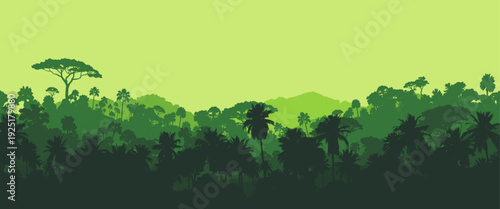 Tropical jungle landscape with layered rainforest trees, palm silhouettes and distant mountains in green tones, vector illustration background ideal for nature, travel, and eco design