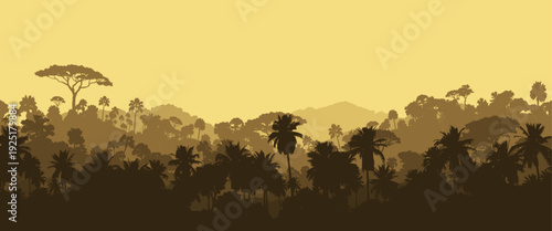 Tropical jungle silhouette landscape with palm trees and layered forest against warm sunset sky, panoramic nature background ideal for travel, adventure, and exotic design projects