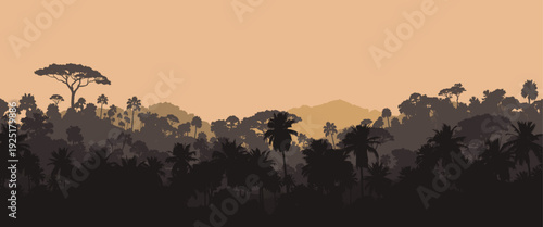 Tropical jungle landscape at sunset with layered rainforest trees, palm silhouettes and distant mountains in warm earth tones, vector illustration background for travel, nature, and adventure design