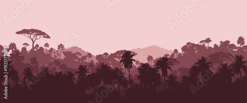 Tropical jungle silhouette with palm trees and layered forest in soft pink monochrome tones, panoramic exotic landscape background ideal for travel, nature, and decorative design projects