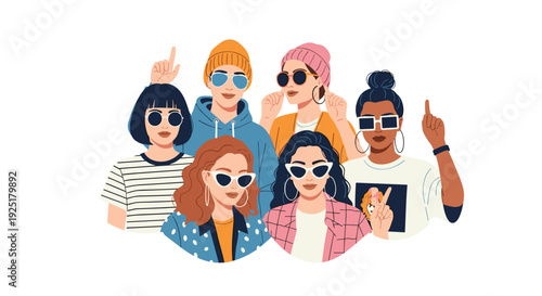 A diverse group of six stylish young adults, mostly women, wear sunglasses and casual clothing, posing and pointing upwards.