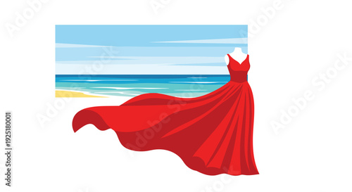 A flowing red dress on a mannequin is positioned on a sandy beach next to the blue ocean under a clear sky.