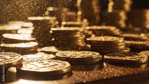 Cinematic Close-up of Falling Golden Coins Stack for Wealth Achievement and Financial Investment Growth Concept