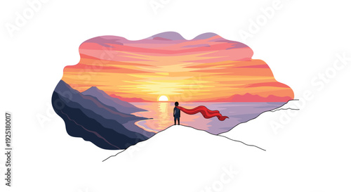 A person wearing a red cape stands atop a snowy mountain, overlooking a serene lake and mountains bathed in the warm glow of a sunset.