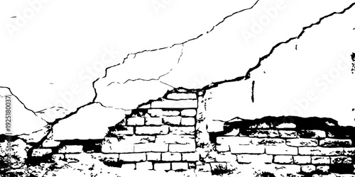 Close-up of damaged white wall with cracked patterns and dark lower edge, textured concrete surface, distressed vintage background, artistic erosion detail.