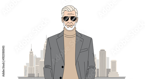 An elderly man with a beard and sunglasses wears a suit and turtleneck, standing confidently in front of a modern city skyline.