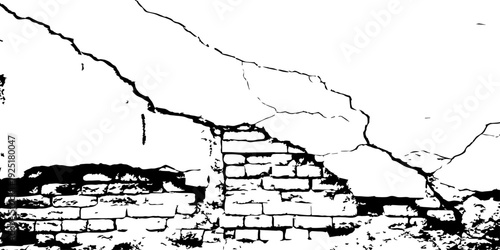 Expressive pen sketch of a broken brick barrier in an empty setting, emphasizing texture and architectural decay.