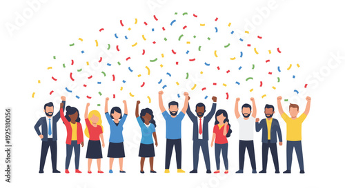 A diverse group of people from various backgrounds cheers joyfully with raised fists as colorful confetti falls around them.