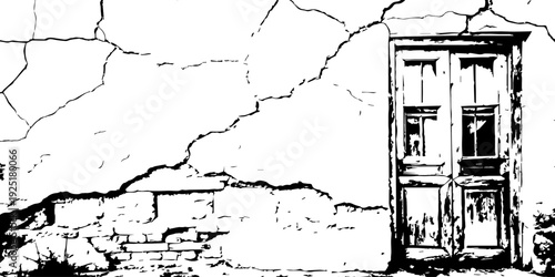 Aged plaster wall texture with deep fissures and chipped paint, monochrome industrial backdrop, rough concrete decay pattern, minimalist design element.