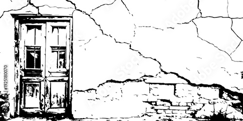 Cracked white surface with irregular fracture lines and rough texture, black base accent, grunge urban wall background, high detail erosion.