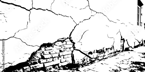 Abstract cracked concrete surface in black and white, fractured lines forming organic patterns, aged wall texture, high detail decay, minimalist industrial background.