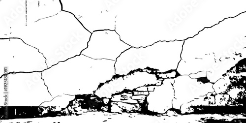 Abstract white concrete wall with dramatic crack network, worn and weathered surface, detailed grunge texture, artistic distressed background.