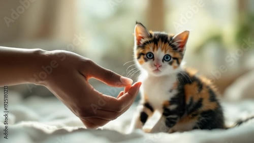 Adorable calico kitten holding hands with african woman on soft bed