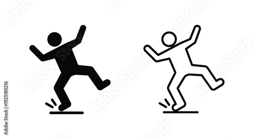 Stick figures depict a person slipping on a wet floor surface