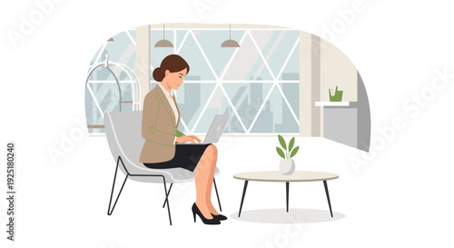Businesswoman works on a laptop while sitting in a modern lounge chair in an office lobby.