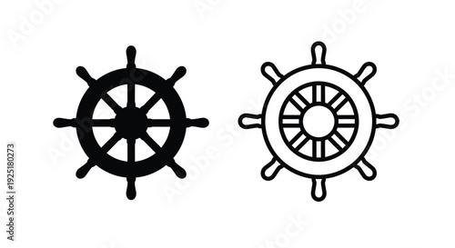 Two ship wheels one filled and one outlined are displayed
