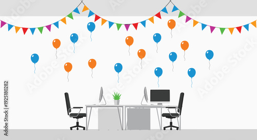 Modern office workspace with two empty desks decorated with colorful balloons and party banners for a festive celebration.
