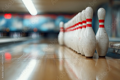 Ten white bowling pins lined up perfectly on a polished wooden lane in an empty alley, ready for the next frame.