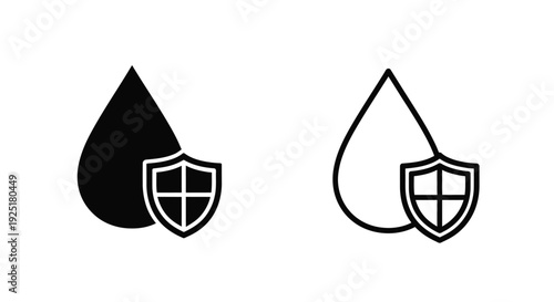 Water droplet and shield icons in black and white line art