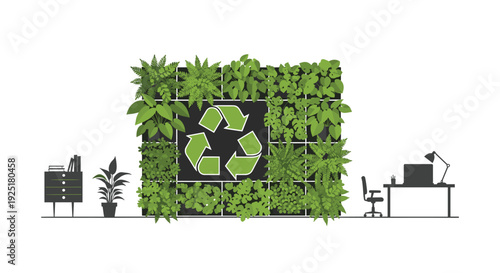 A green wall with a recycling symbol and various plants adorns a minimalist office interior with a desk and cabinet.