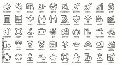 60 Management and Business Icons with Labels for Organization and Strategy