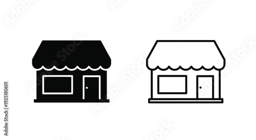 Two simple building icons one filled one outlined with awnings