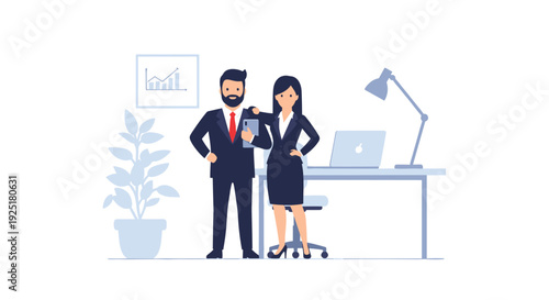 A bearded businessman holds a tablet while standing with a businesswoman in a modern office with a desk and laptop.