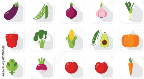 Flat Vegetable Icon Set Vector Illustration with Eggplant, Peas, Onion, Broccoli, Corn, Avocado, Pumpkin and More