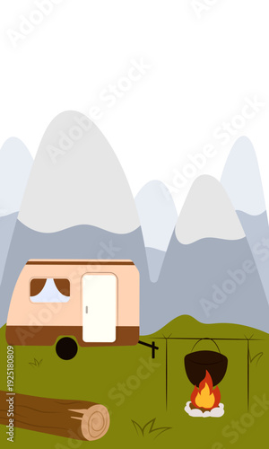 Flat vector illustration of camping outdoors. Mountains, campfire, tent, nature, camper, trees, coffee, backpack, guitar, kettle, boiler, tea, silence, calm, peace, marshmallows on fire