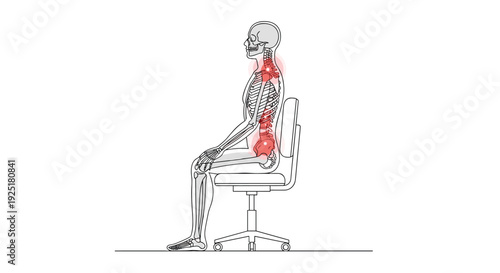 A skeletal figure sitting in a chair highlights pain and discomfort areas in the spine and neck.