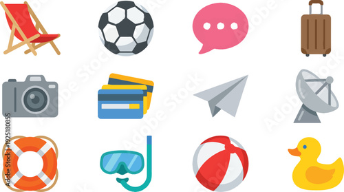Collection of flat travel and vacation icons: beach chair, soccer ball, speech bubble, suitcase, camera, credit cards, paper airplane, satellite dish, lifebuoy, diving mask, beach ball, and rubber duc