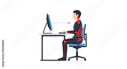 An illustrated man demonstrates correct ergonomic posture while sitting at a desk and using a computer.