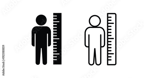 Two simple black icons depicting people being measured with rulers