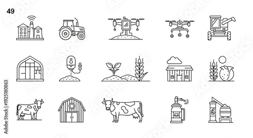 Smart farming icons set featuring agricultural technology drones tractors barns and livestock outline symbols