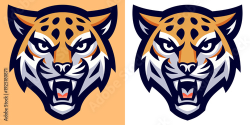 Two angry jaguar or tiger head logos with orange and white fur