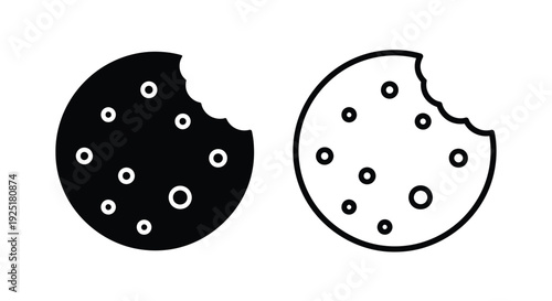 Two chocolate chip cookies one bitten in a black and white style