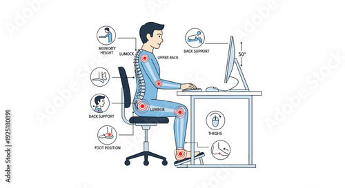 Infographic illustrates proper ergonomic guidelines for a man sitting at a computer, labeling body parts.