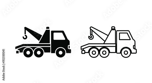 Two black silhouette icons depicting tow trucks with raised beds