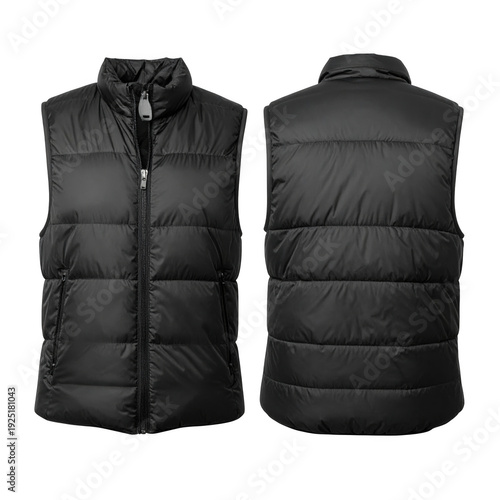Black puffer vest for men isolated on transparent background