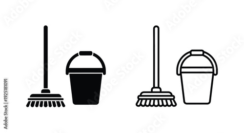 Simple black and white icons depicting cleaning tools brooms and buckets