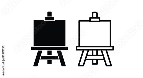 Two black and white icons depicting an easel and a painting