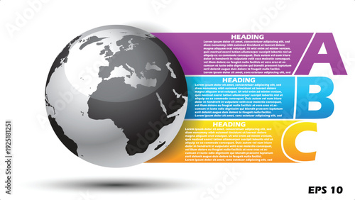 Global Business Infographic Template. Horizontal Vector Illustration of Earth Globe with ABC Choice Banners and Text Placeholders