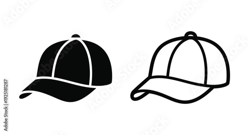 Two baseball caps illustrated in contrasting black and white styles