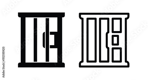 Two geometric black and white illustrations resembling building facades