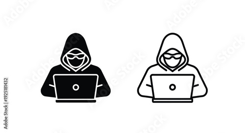Two hooded figures using laptops in a minimalist black and white style