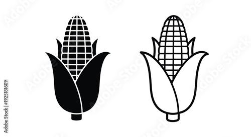 Two black and white illustrations depict ears of corn with husks