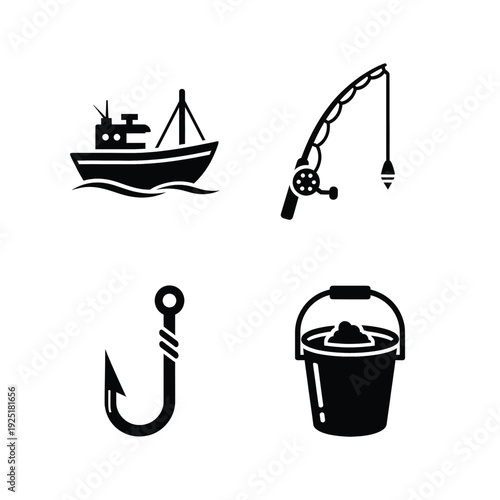 Fishing industry and hobby icons including a boat, rod, hook, and bucket are isolated on a white background for nautical branding or app design.