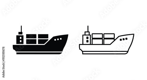 Two simple black and white illustrations of cargo ships at sea